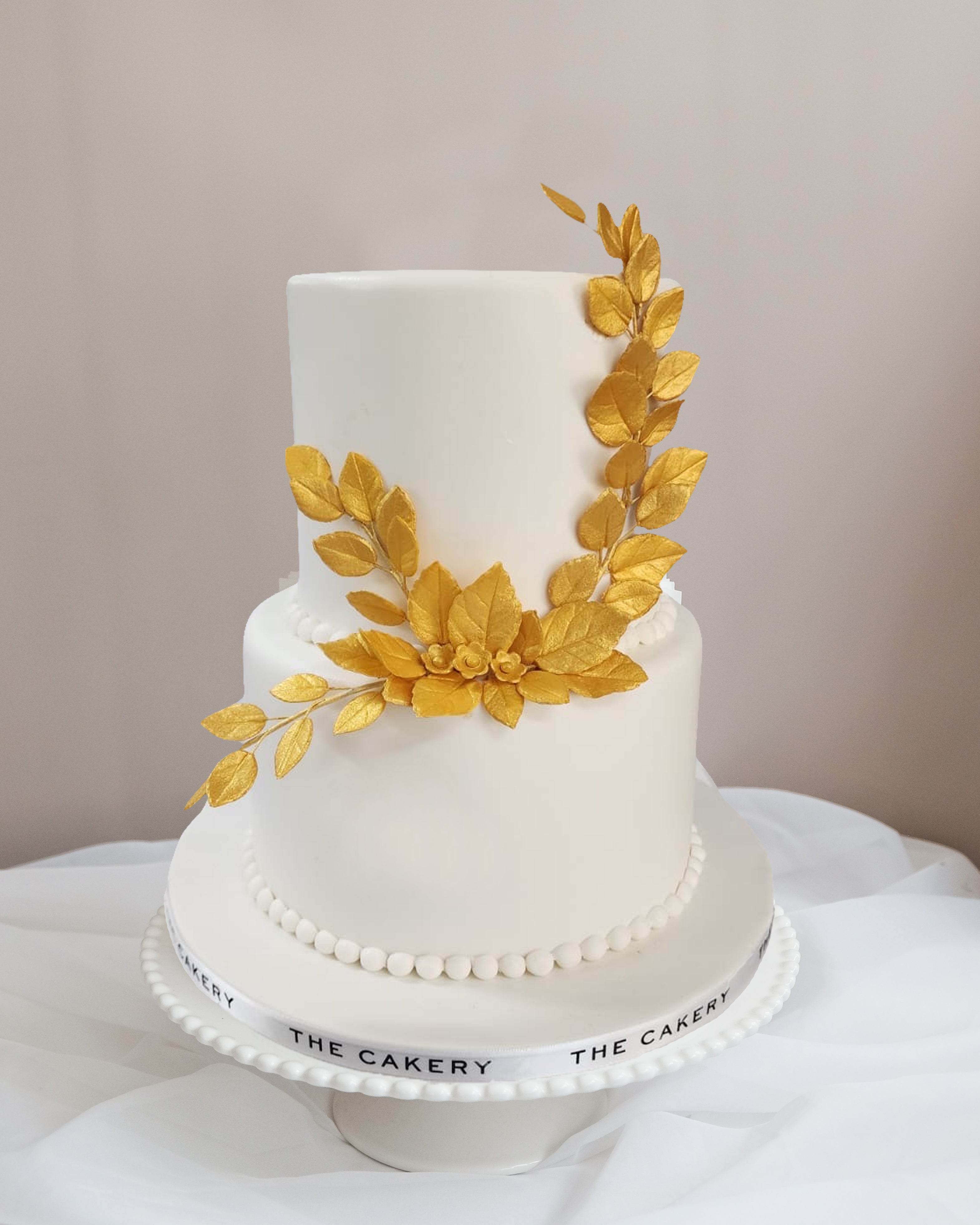 White Wedding Cake with Gold Leaves – The Cakery Hong Kong